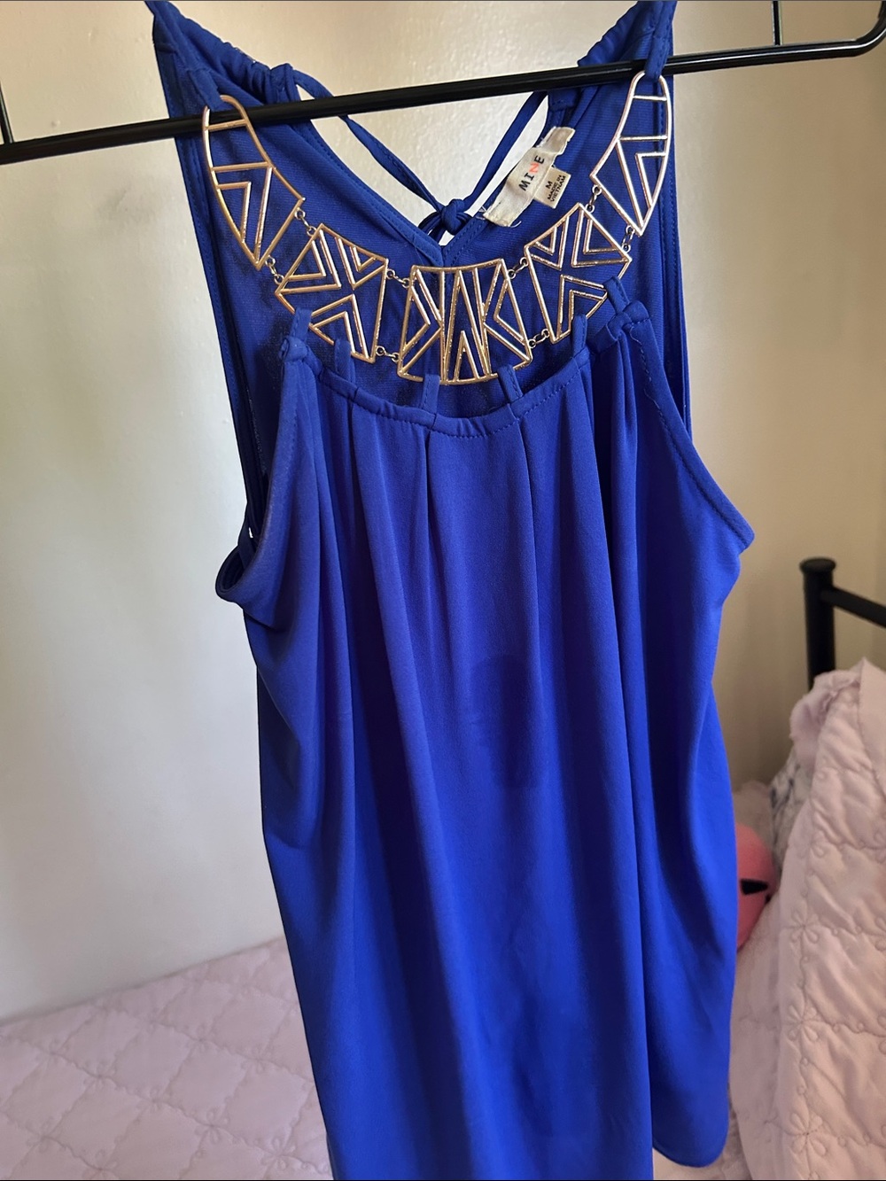 mine Royal Blue Sleeveless Tank with Gold Geometric Necklace Trim